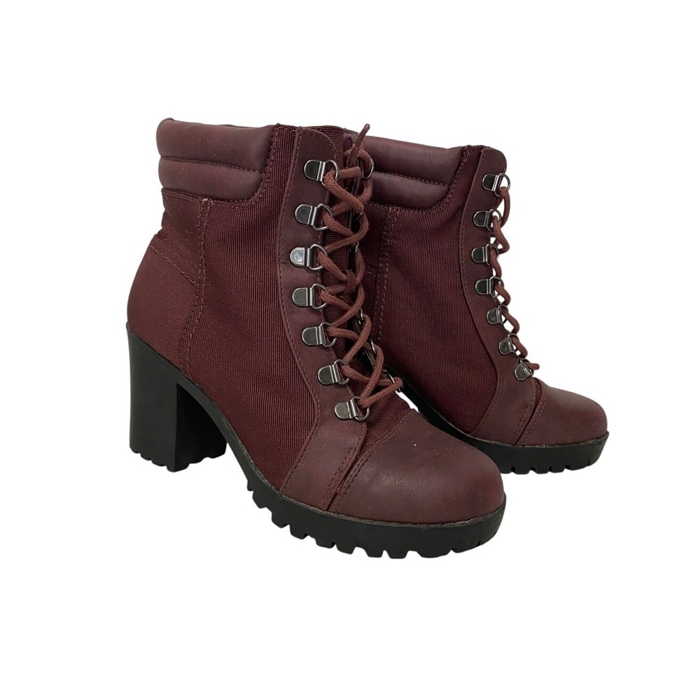 Route 66 Dakota Combat Boots Women 6 Burgundy Excellent Lug Sole Block Heel